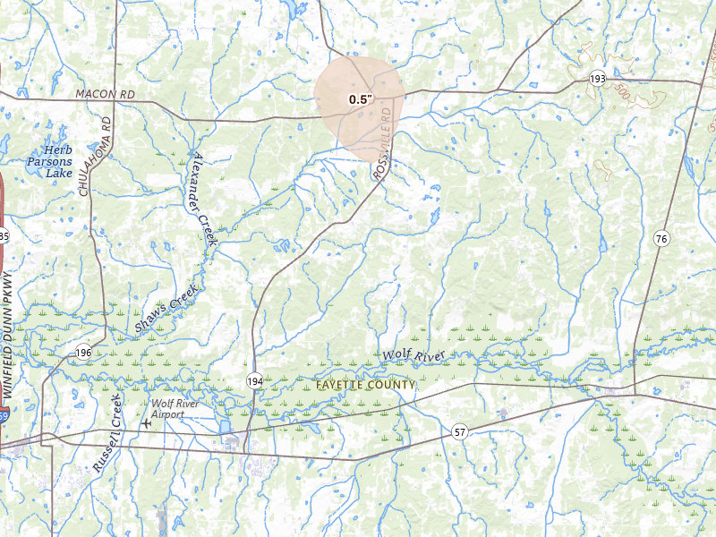 Radar-estimated hail-size map of the storm over Rossville, TN on Jul 10, 2026