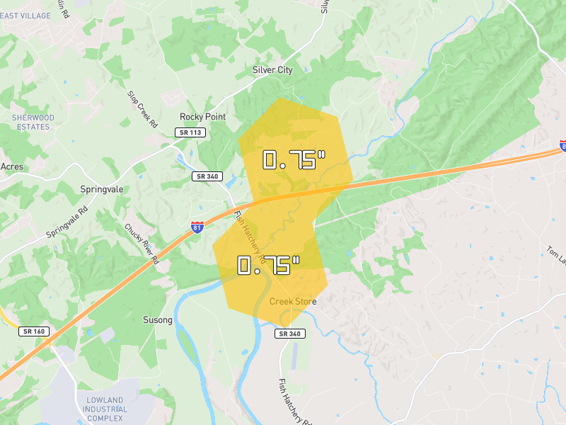 Hail map of Russellville, TN on Jul 5, 2026, hail up to 0.75"