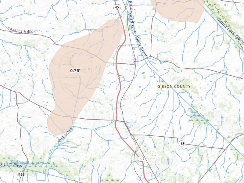 Radar-estimated hail-size map of the storm over Rutherford, TN on Jul 4, 2026