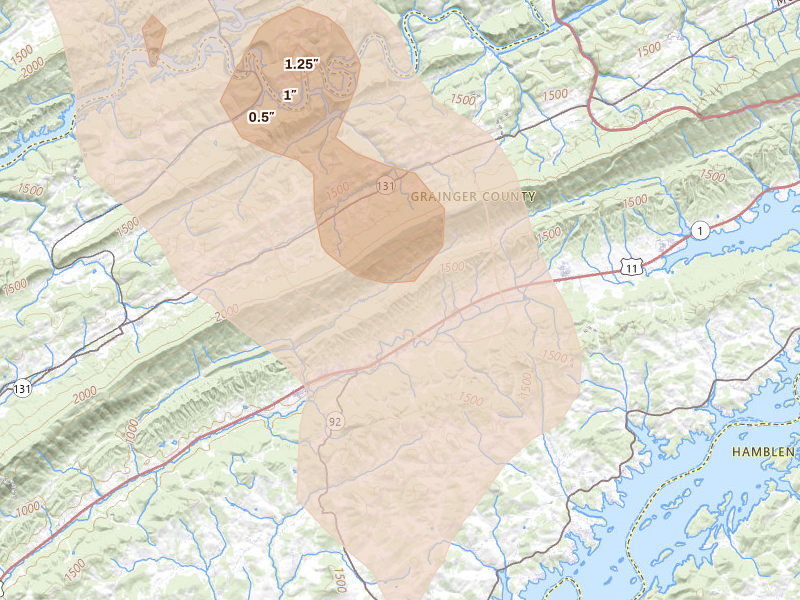 Radar-estimated hail-size map of the storm over Rutledge, TN on Jul 28, 2026