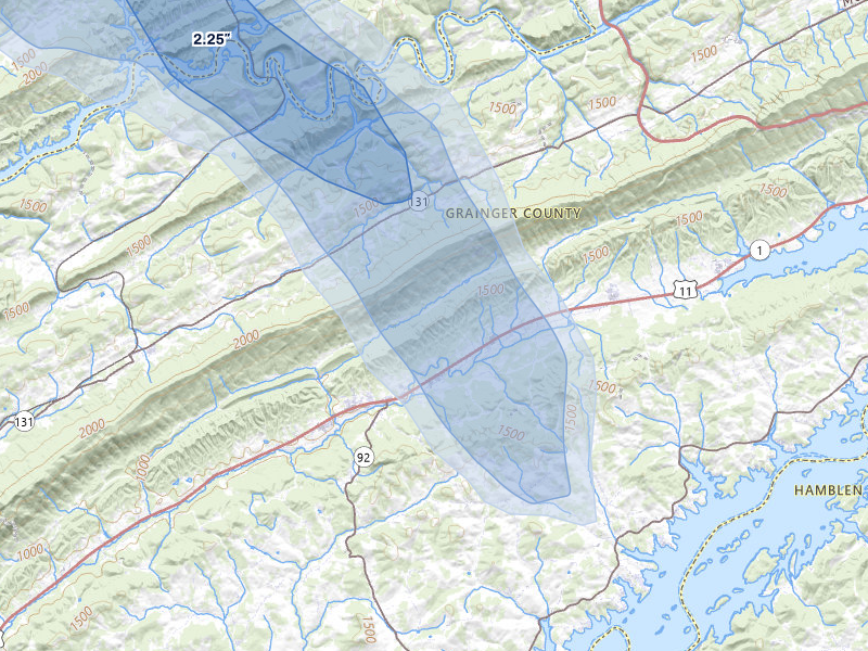 NEXRAD radar-signature map of the hail storm over Rutledge, TN on Jul 28, 2026