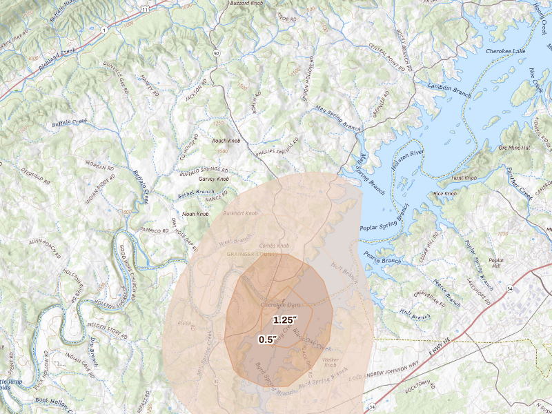 Radar-estimated hail-size map of the storm over Rutledge, TN