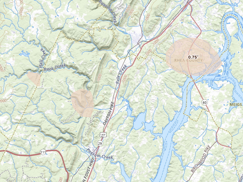 Radar-estimated hail-size map of the storm over Sale Creek, TN on Jul 3, 2026