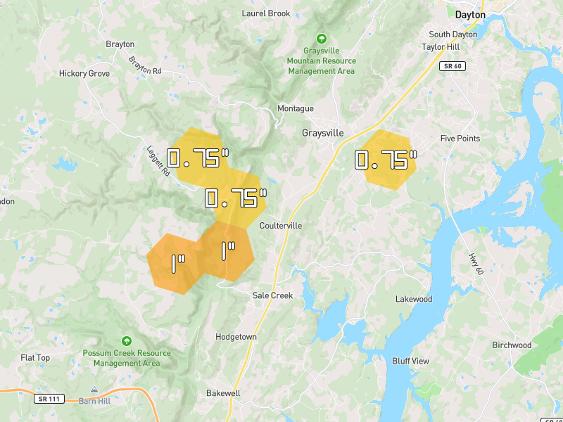 Hail map of Sale Creek, TN on Jul 3, 2026, hail up to 1"