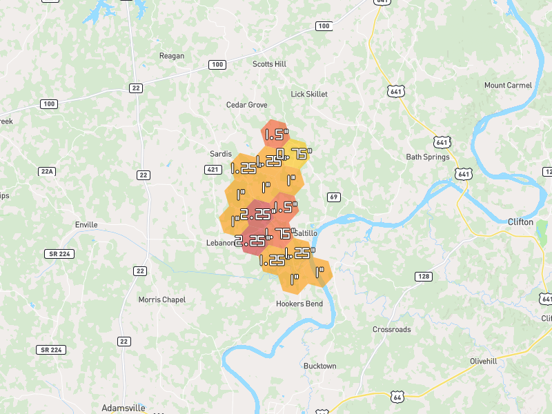 Hail map of Saltillo, TN on Jul 22, 2026, hail up to 2.25"