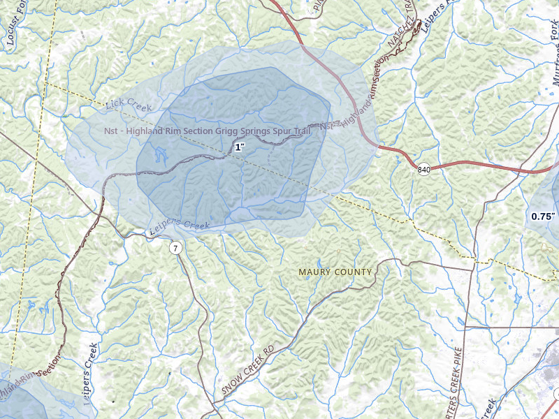NEXRAD radar-signature map of the hail over Santa Fe, TN