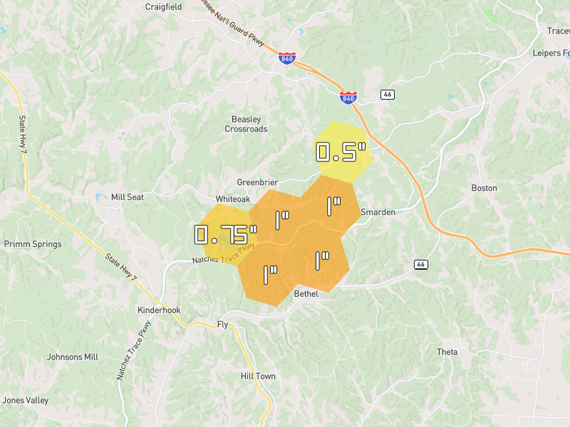 Hail map of Santa Fe, TN on Jul 2, 2026, hail up to 1"