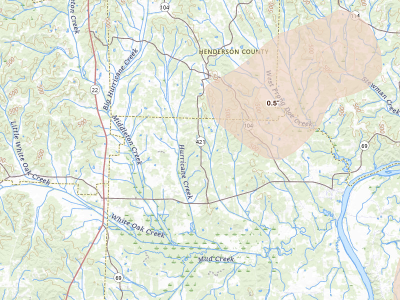 Radar-estimated hail-size map of the storm over Sardis, TN on Jul 2, 2026