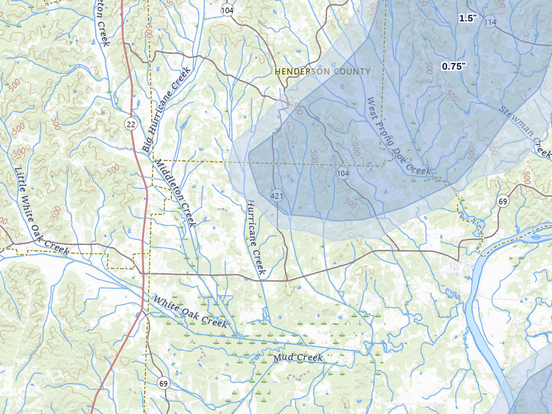 NEXRAD radar-signature map of the hail over Sardis, TN