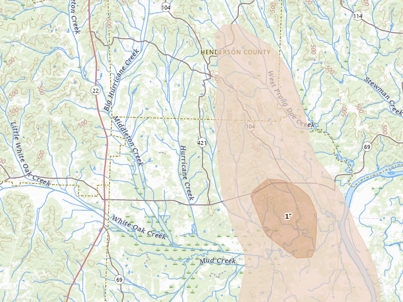 Radar-estimated hail-size map of the storm over Sardis, TN on Jul 21, 2026