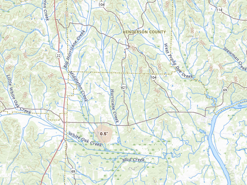 Radar-estimated hail-size map of the storm over Sardis, TN on Aug 27, 2026