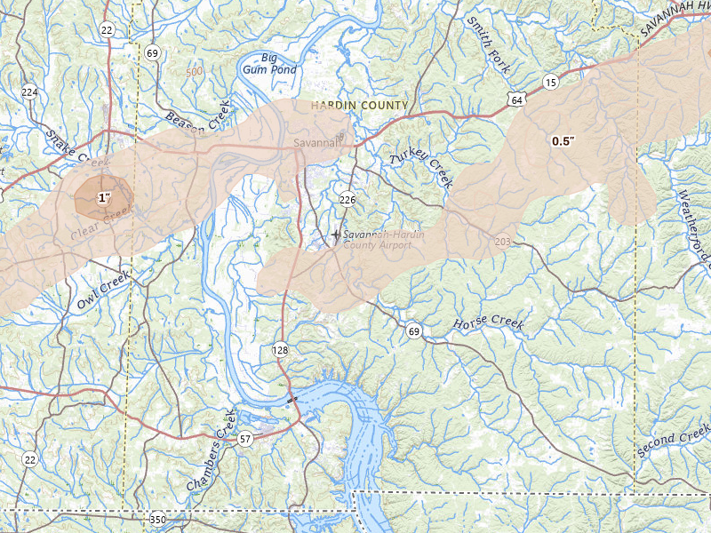 Radar-estimated hail-size map of the storm over Savannah, TN