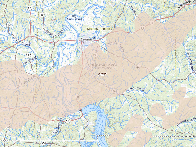 Radar-estimated hail-size map of the storm over Savannah, TN on Mar 15, 2026