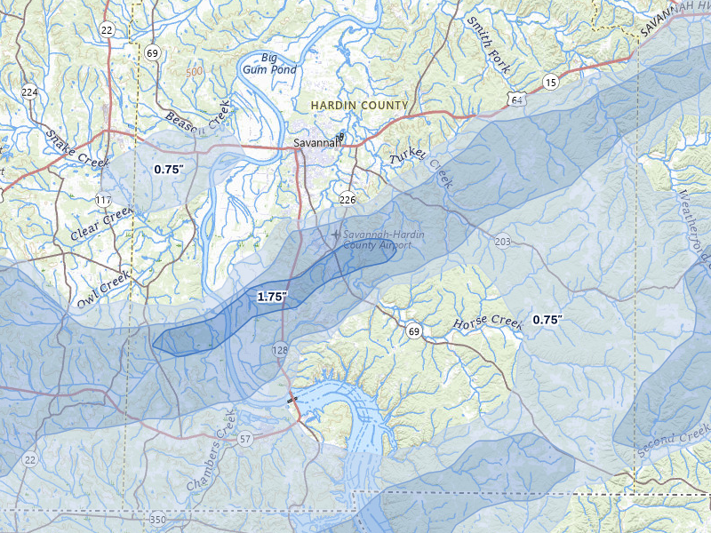 NEXRAD radar-signature map of the hail over Savannah, TN