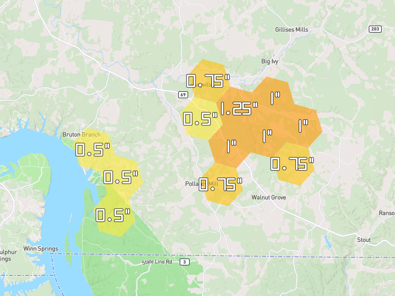 Hail map of Savannah, TN on Jun 1, 2026, hail up to 1.25"