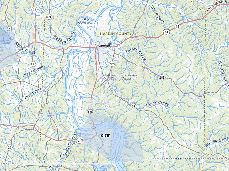 NEXRAD radar-signature map of the hail storm over Savannah, TN on Jul 1, 2026