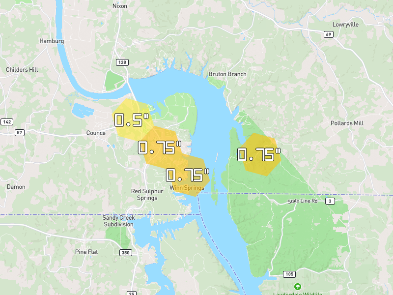 Hail map of Savannah, TN on Jul 1, 2026, hail up to 0.75"