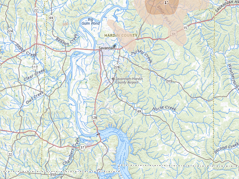 Radar-estimated hail-size map of the storm over Savannah, TN on Jul 2, 2026