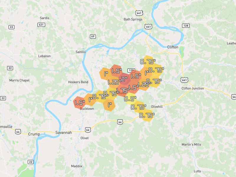 Hail map of Savannah, TN on Jul 2, 2026, hail up to 2"