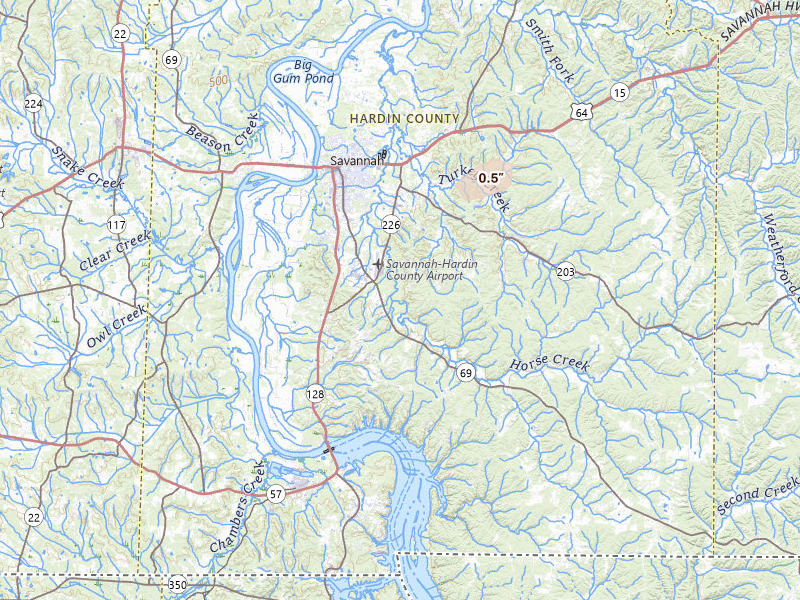 Radar-estimated hail-size map of the storm over Savannah, TN on Jul 17, 2026