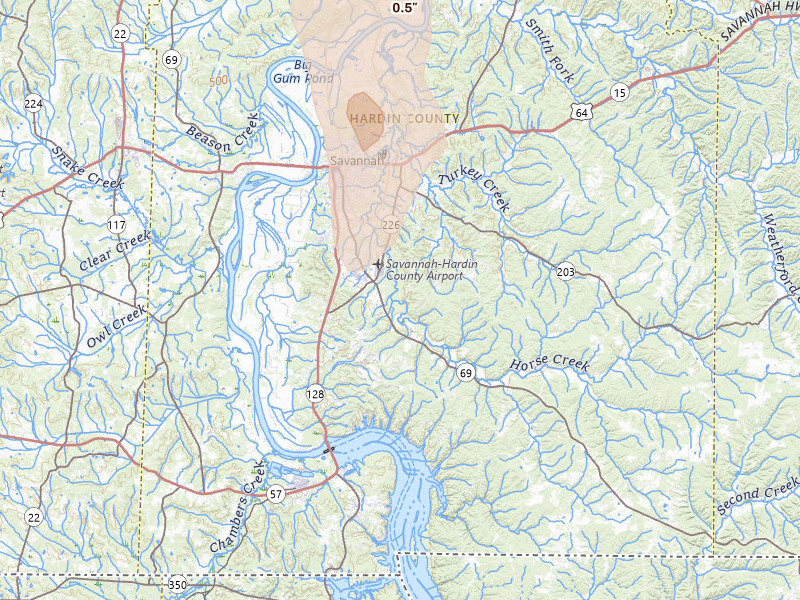 Radar-estimated hail-size map of the storm over Savannah, TN on Jul 21, 2026