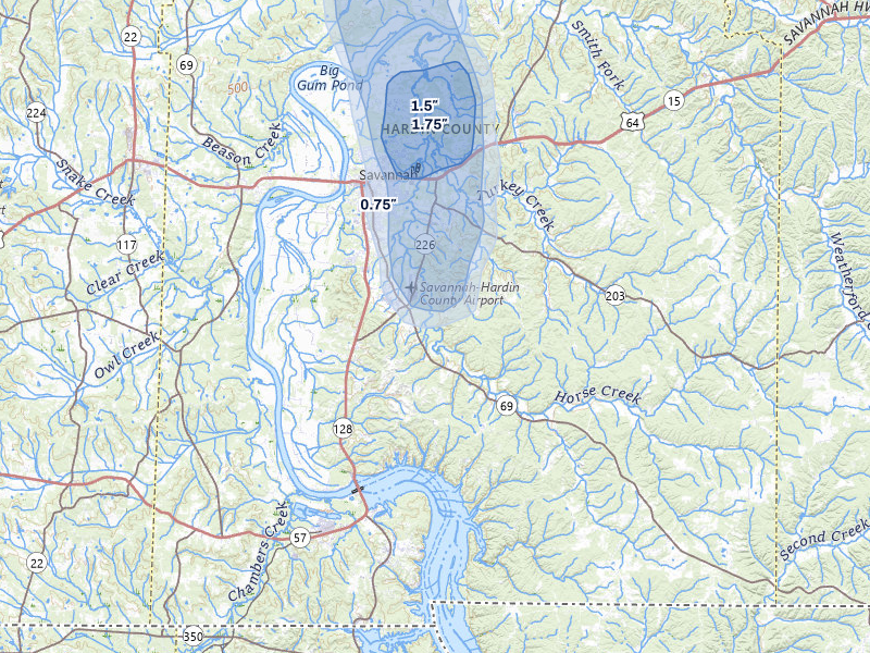 NEXRAD radar-signature map of the hail over Savannah, TN