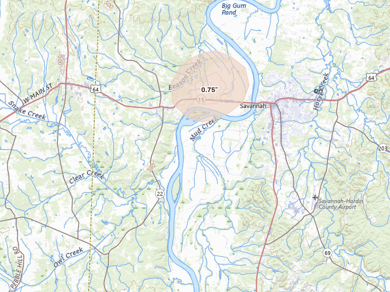 Radar-estimated hail-size map of the storm over Savannah, TN on Aug 8, 2026