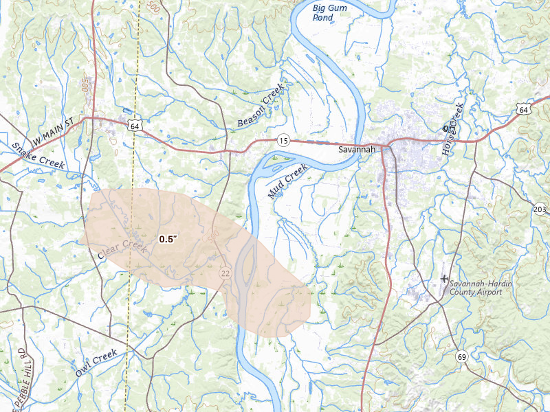 Radar-estimated hail-size map of the storm over Savannah, TN on Aug 17, 2026