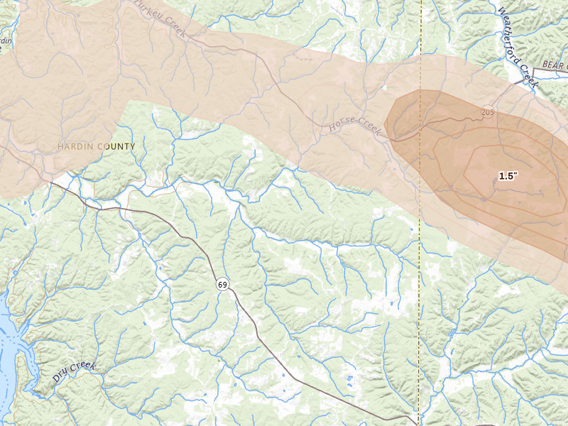 Radar-estimated hail-size map of the storm over Savannah, TN on Aug 22, 2026
