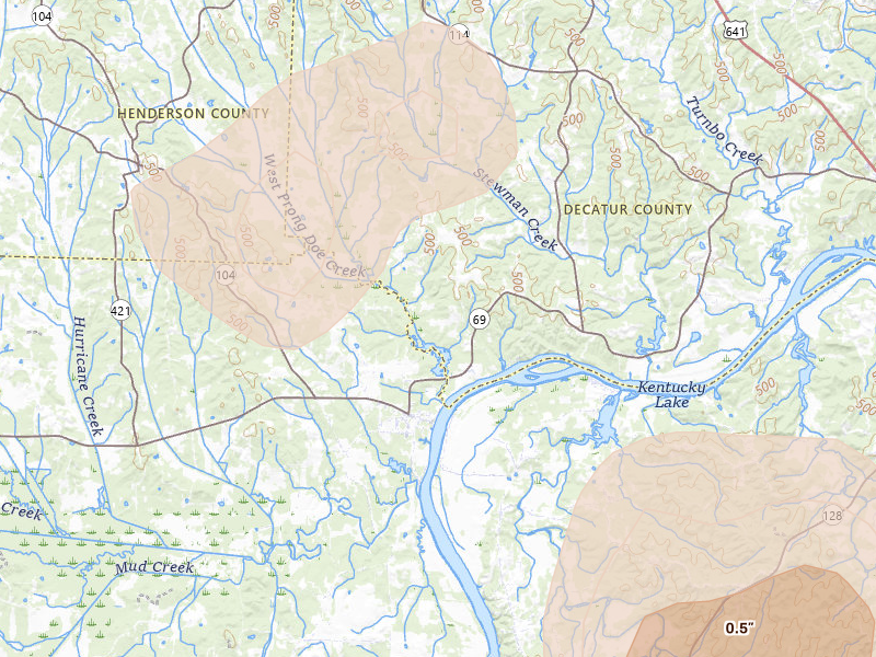 Radar-estimated hail-size map of the storm over Scotts Hill, TN on Jul 2, 2026