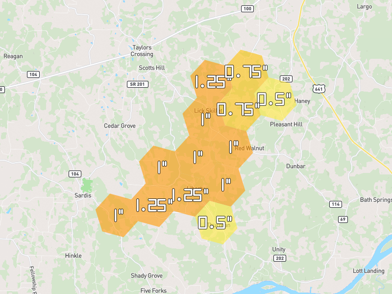 Hail map of Scotts Hill, TN on Jul 2, 2026, hail up to 1.25"