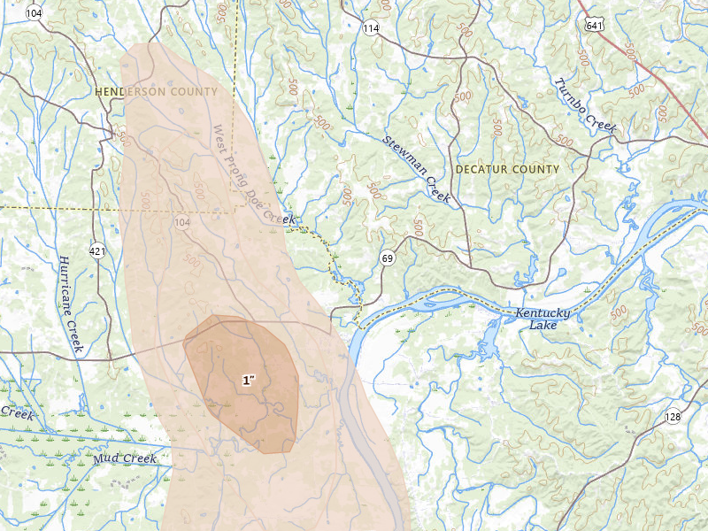 Radar-estimated hail-size map of the storm over Scotts Hill, TN on Jul 21, 2026