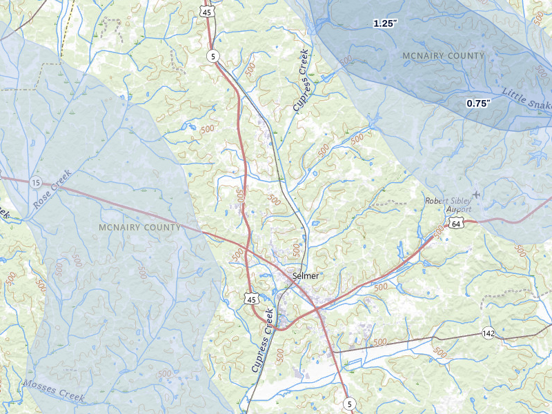 NEXRAD radar-signature map of the hail over Selmer, TN