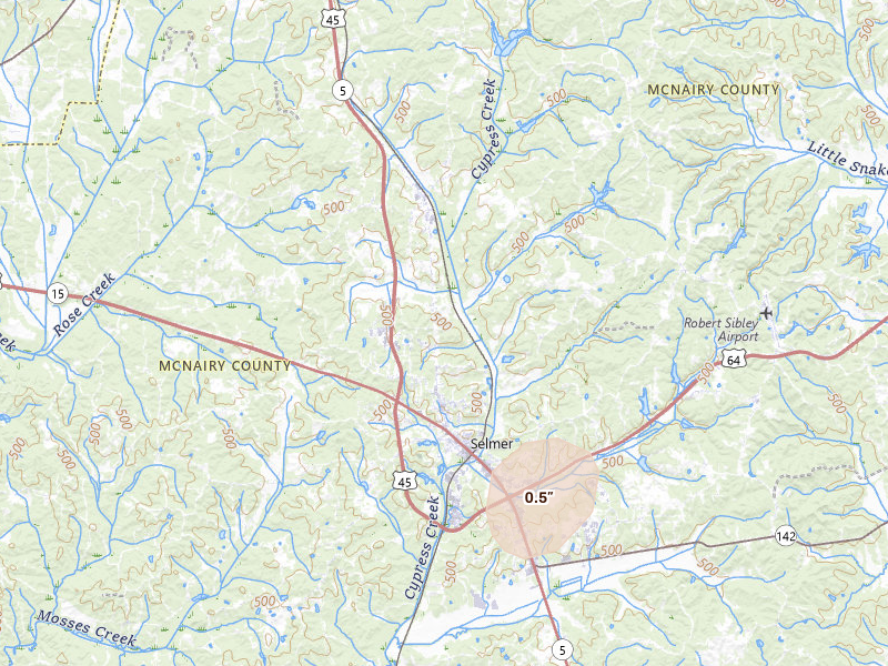 Radar-estimated hail-size map of the storm over Selmer, TN on Jul 5, 2026