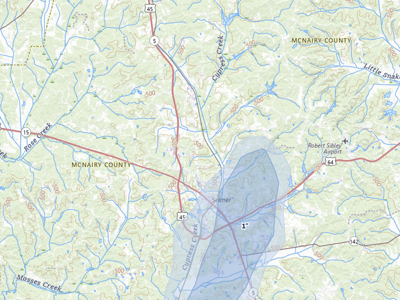 NEXRAD radar-signature map of the hail over Selmer, TN