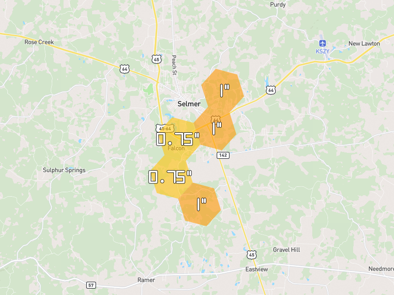 Hail map of Selmer, TN on Jul 5, 2026, hail up to 1"