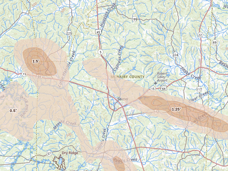 Radar-estimated hail-size map of the storm over Selmer, TN on Aug 22, 2026