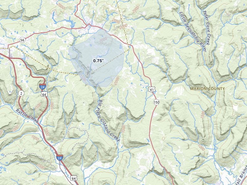 NEXRAD radar-signature map of the hail storm over Sequatchie, TN on Jul 5, 2026