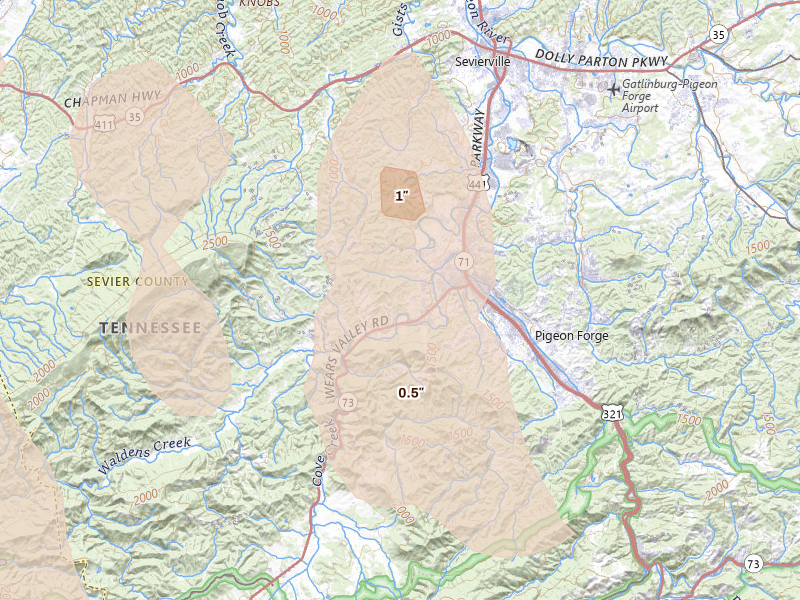 Radar-estimated hail-size map of the storm over Sevierville, TN on Jul 28, 2026