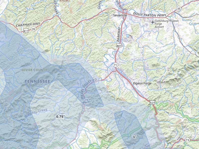 NEXRAD radar-signature map of the hail storm over Sevierville, TN on Jul 28, 2026