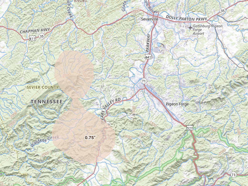 Radar-estimated hail-size map of the storm over Sevierville, TN on Aug 4, 2026