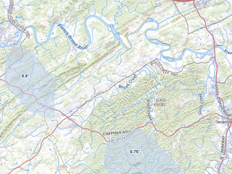 NEXRAD radar-signature map of the hail storm over Sevierville, TN on Aug 4, 2026