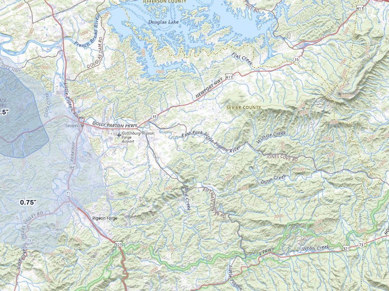 NEXRAD radar-signature map of the hail storm over Sevierville, TN on Aug 17, 2026