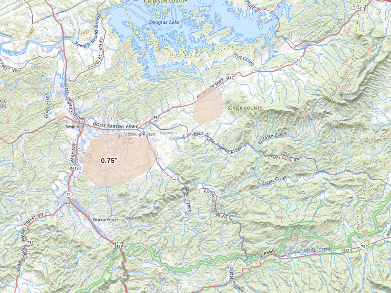 Radar-estimated hail-size map of the storm over Sevierville, TN