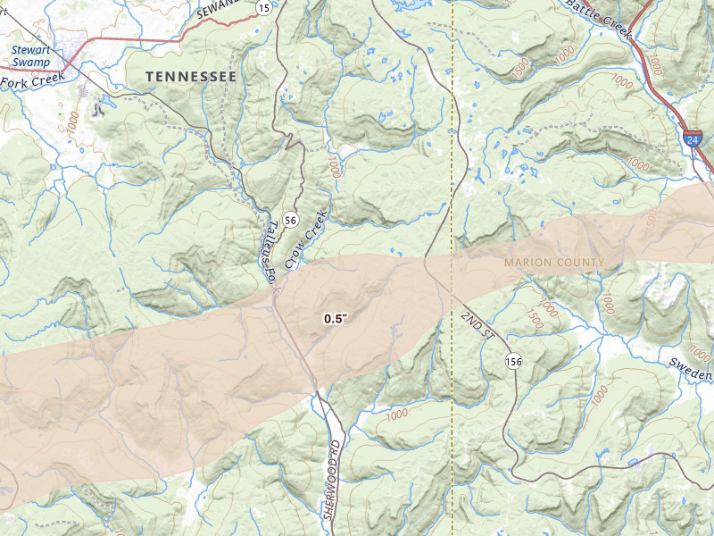 Radar-estimated hail-size map of the storm over Sewanee, TN on Feb 26, 2026