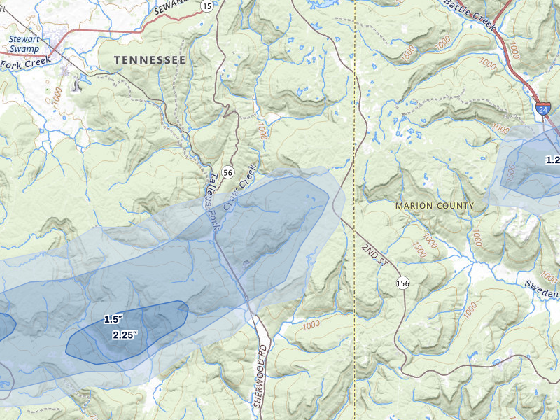 NEXRAD radar-signature map of the hail over Sewanee, TN