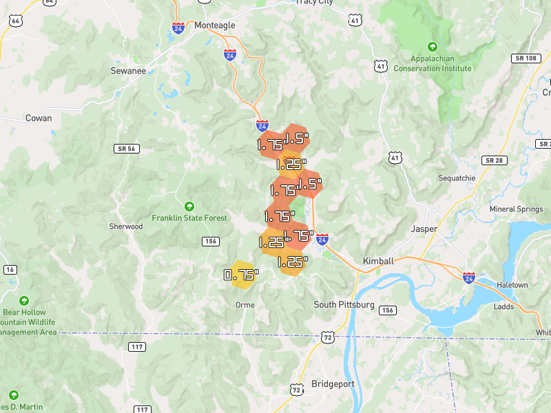 Hail map of Sewanee, TN on Jul 3, 2026, hail up to 1.75"