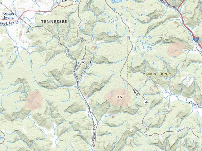 Radar-estimated hail-size map of the storm over Sewanee, TN on Aug 6, 2026