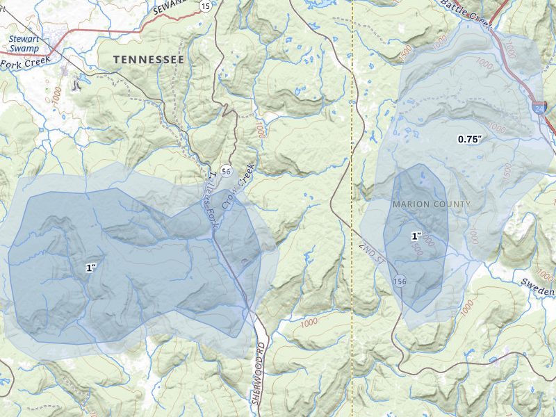 NEXRAD radar-signature map of the hail storm over Sewanee, TN on Aug 6, 2026