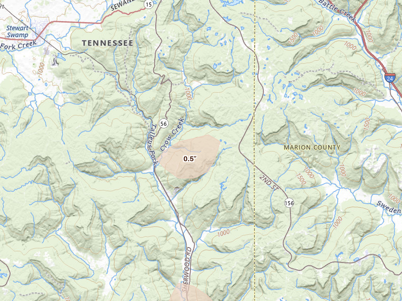 Radar-estimated hail-size map of the storm over Sewanee, TN on Aug 17, 2026